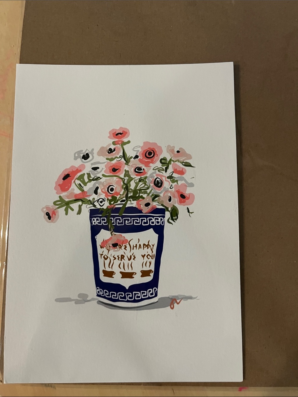 Pink Floral Bouquet in Blue Decorative Vase Art Print by Jennifer Vallez, 5”x7”